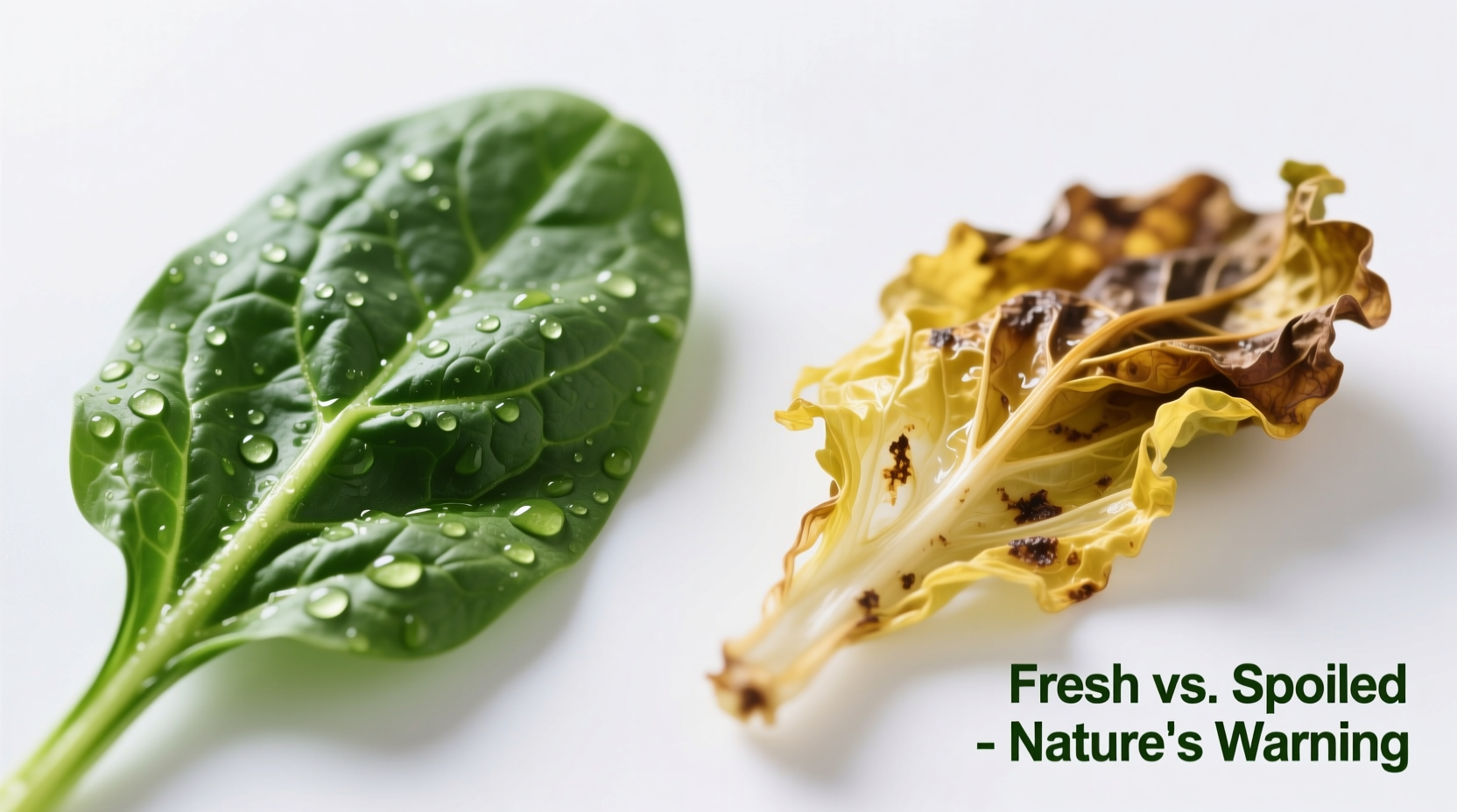 Close-up comparison of fresh vibrant spinach versus spoiled yellowing spinach