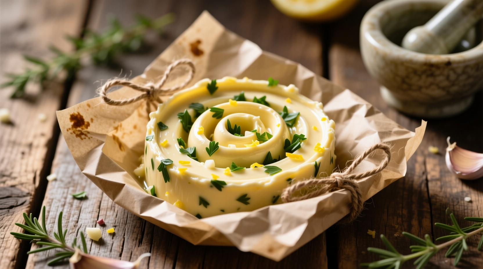 Homemade garlic herb butter swirl in parchment paper