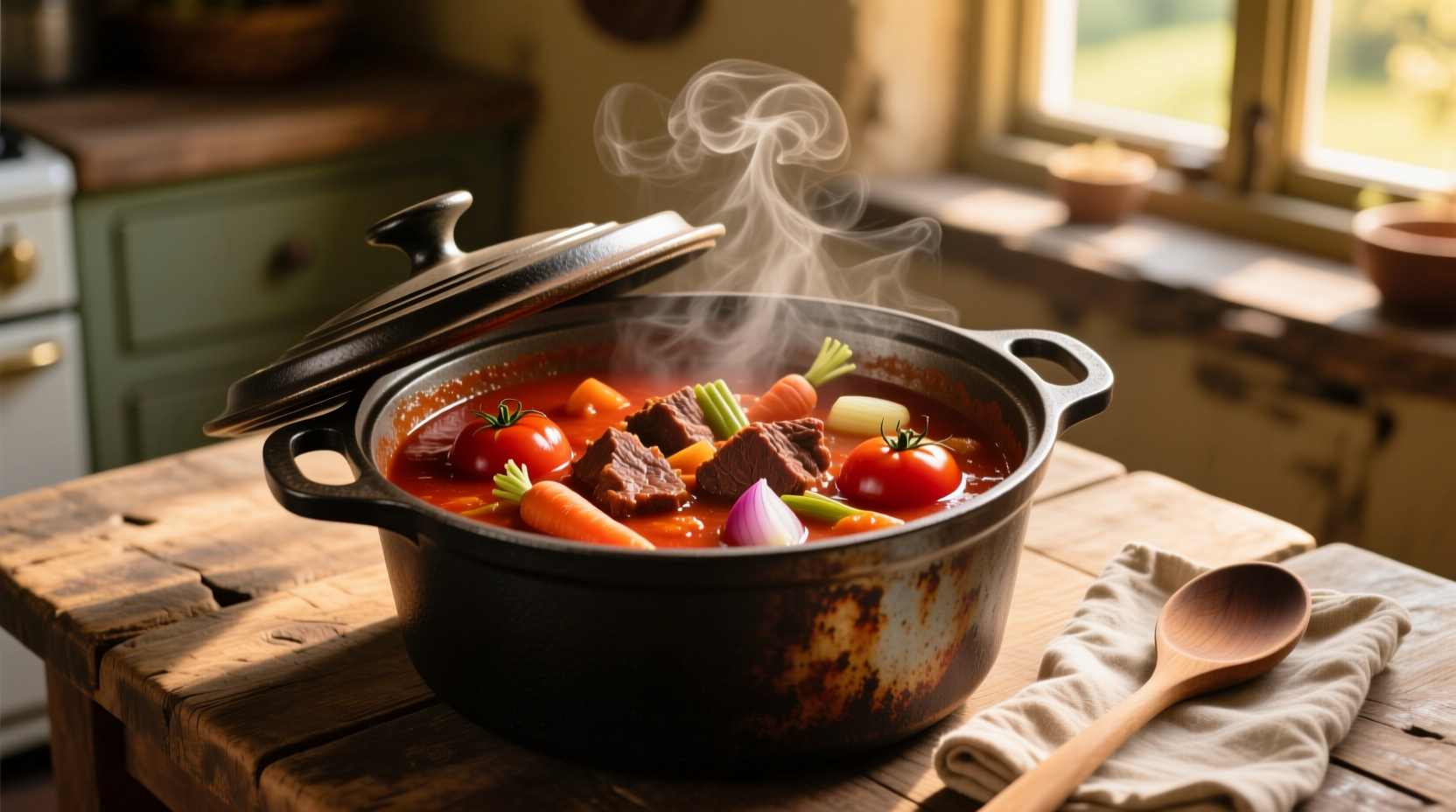 Hearty tomato beef stew in cast iron pot