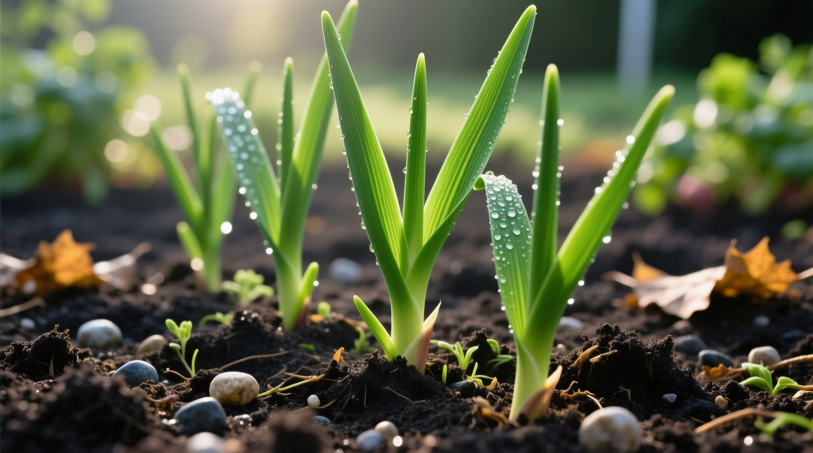 Garlic plants growing in garden soil with healthy green shoots