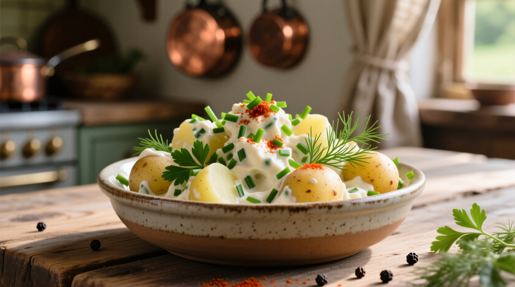 Creamy potato salad in serving bowl with fresh herbs