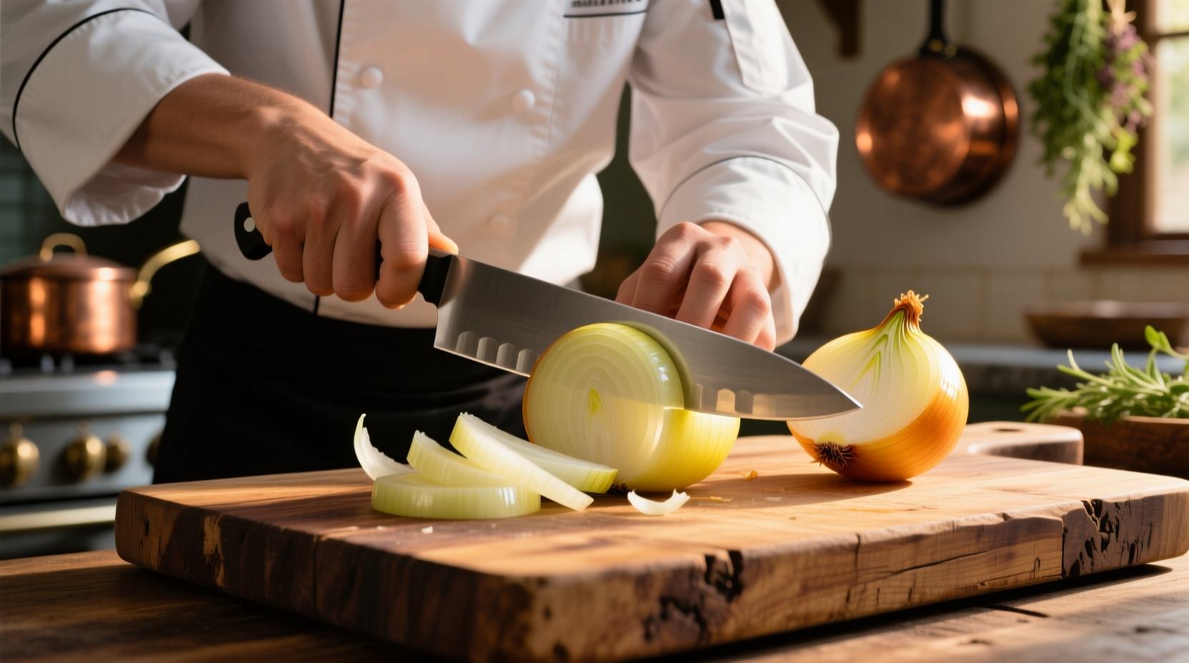 Chef slicing yellow onions on wooden cutting board