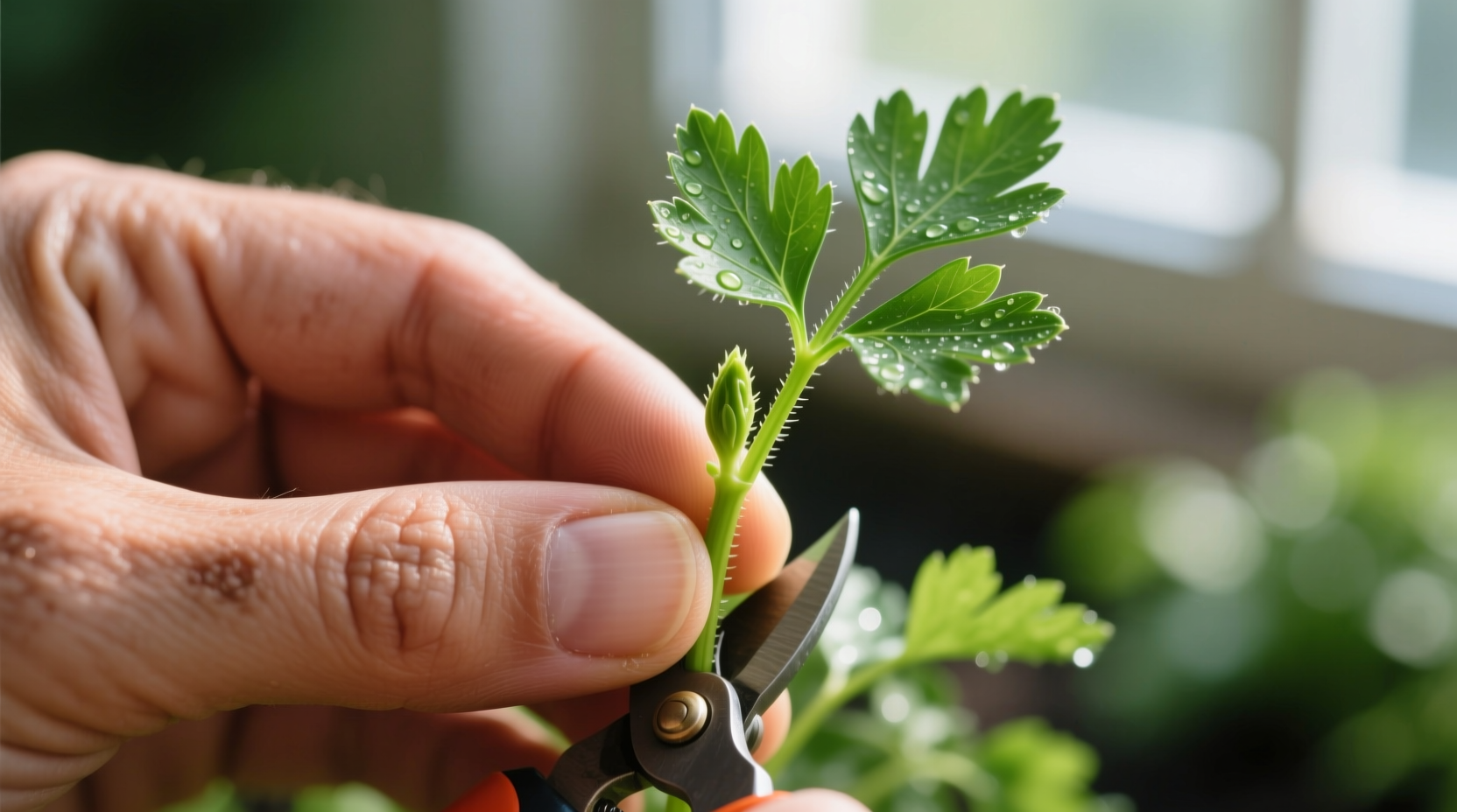 Close-up of hand pruning parsley stem above leaf node