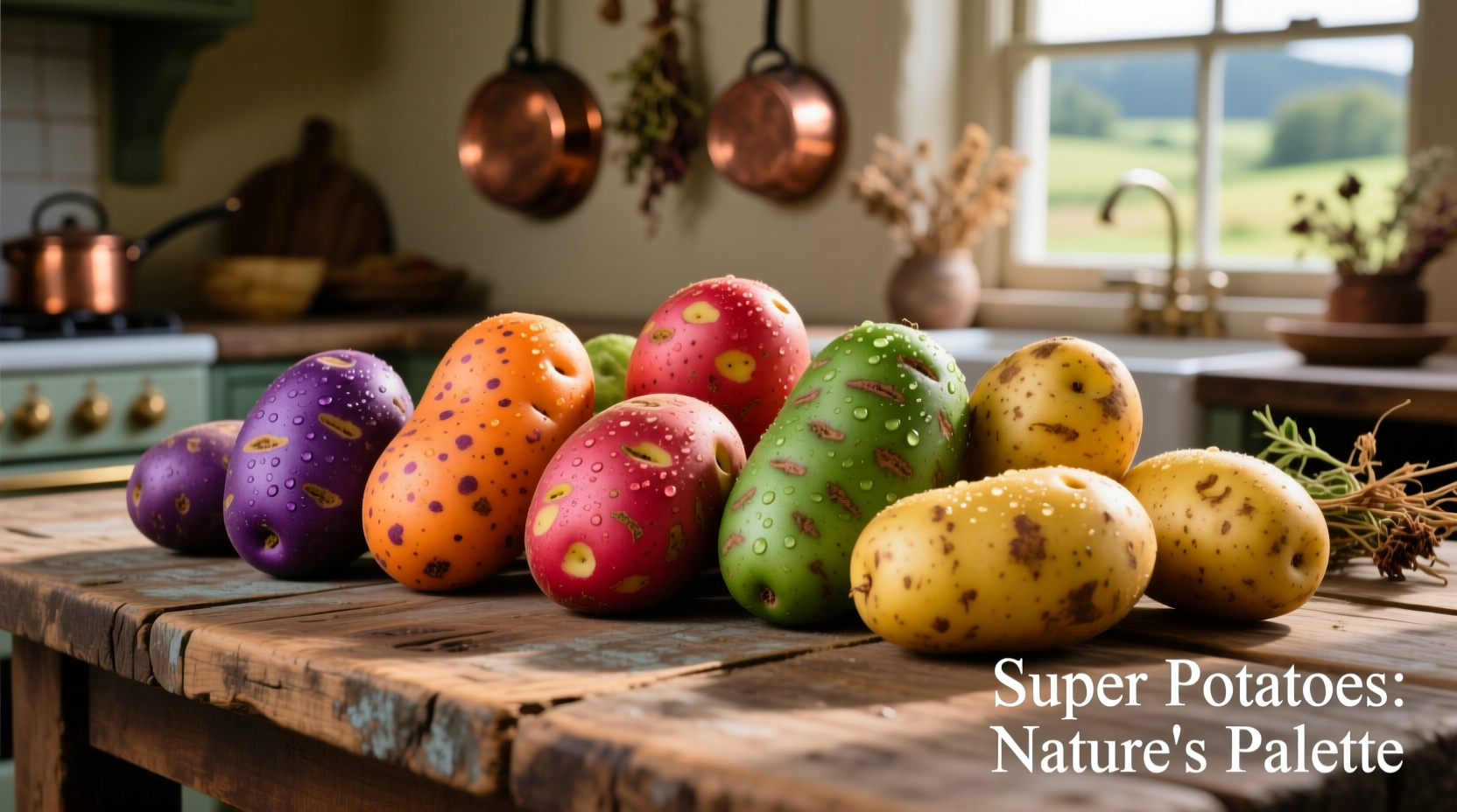 Colorful array of super potato varieties on wooden table