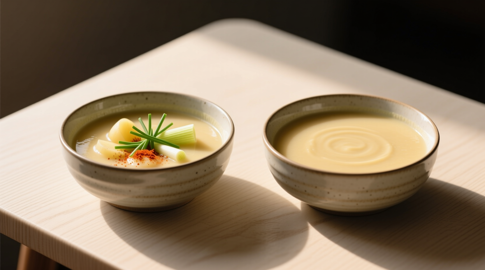 Two soup bowls: one with visible herbs, one clear showing natural creaminess
