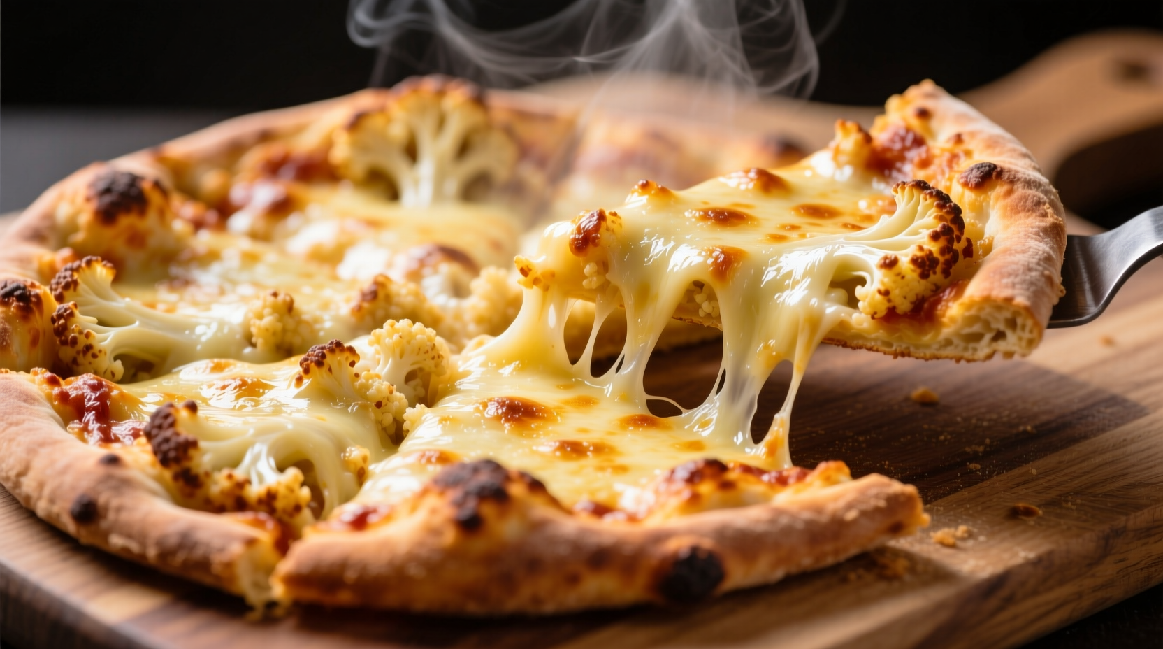 Golden cauliflower pizza crust with melted cheese