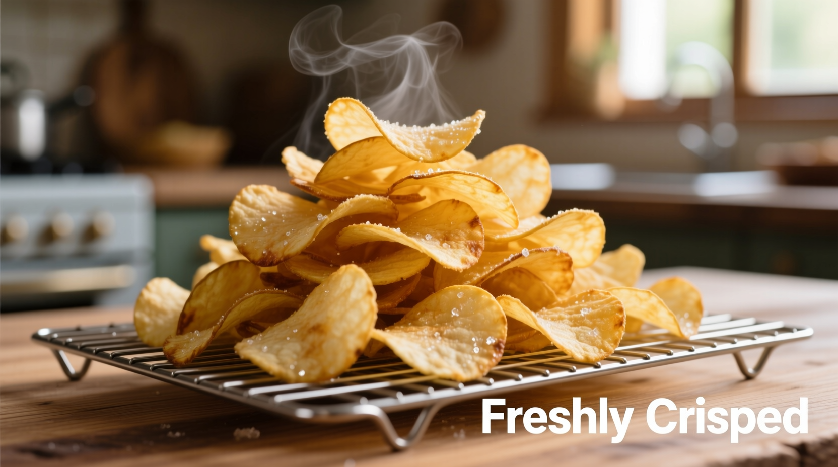 Perfect golden homemade potato chips on wire rack