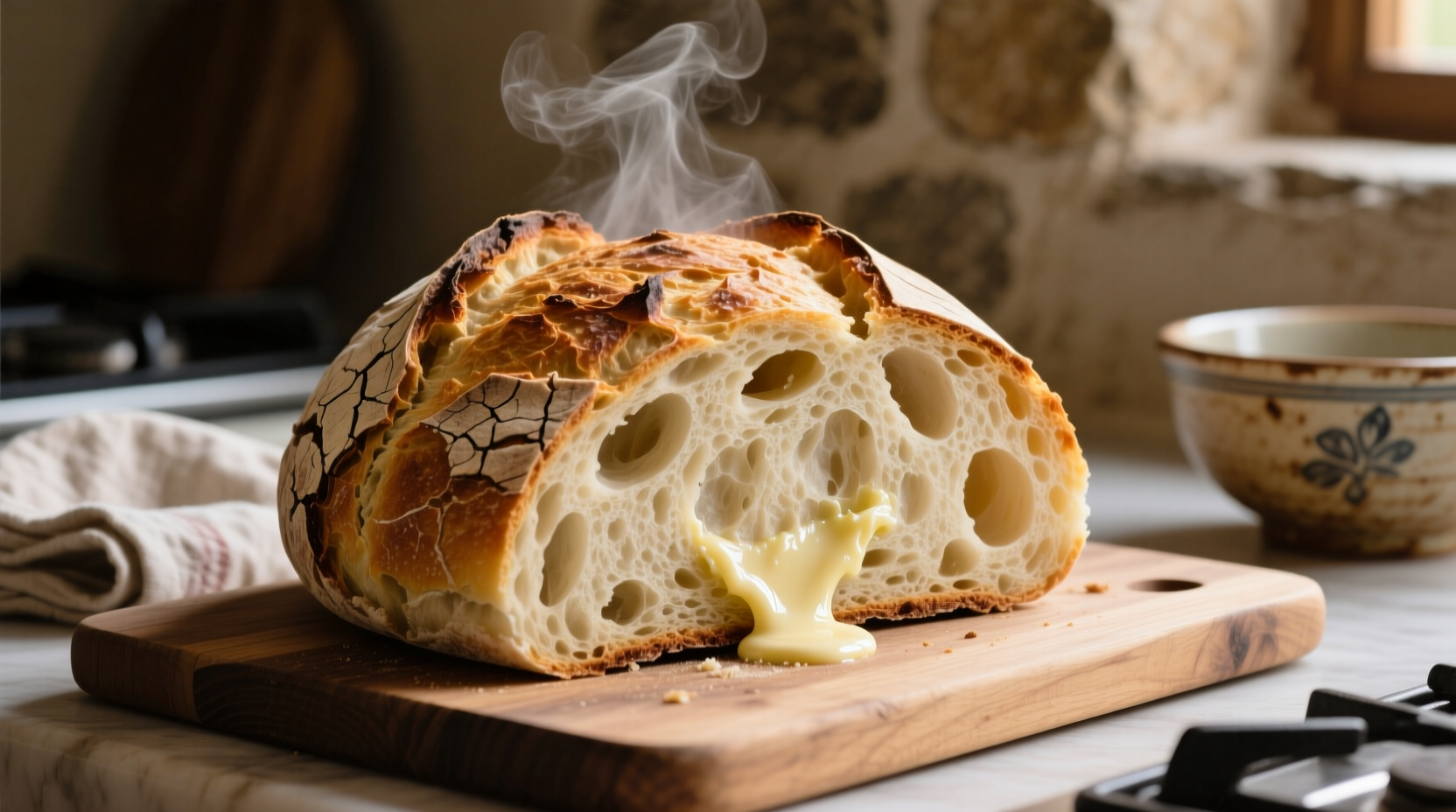 Freshly baked garlic sourdough loaf with crispy crust