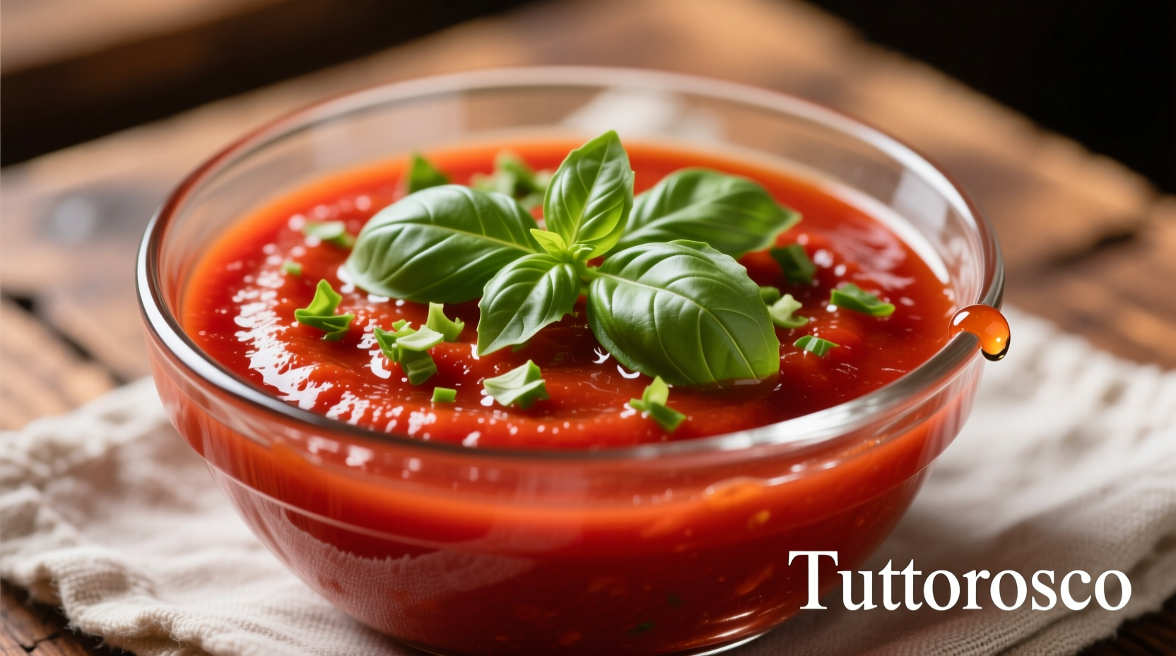 Tuttorosso tomato sauce in glass bowl with fresh basil