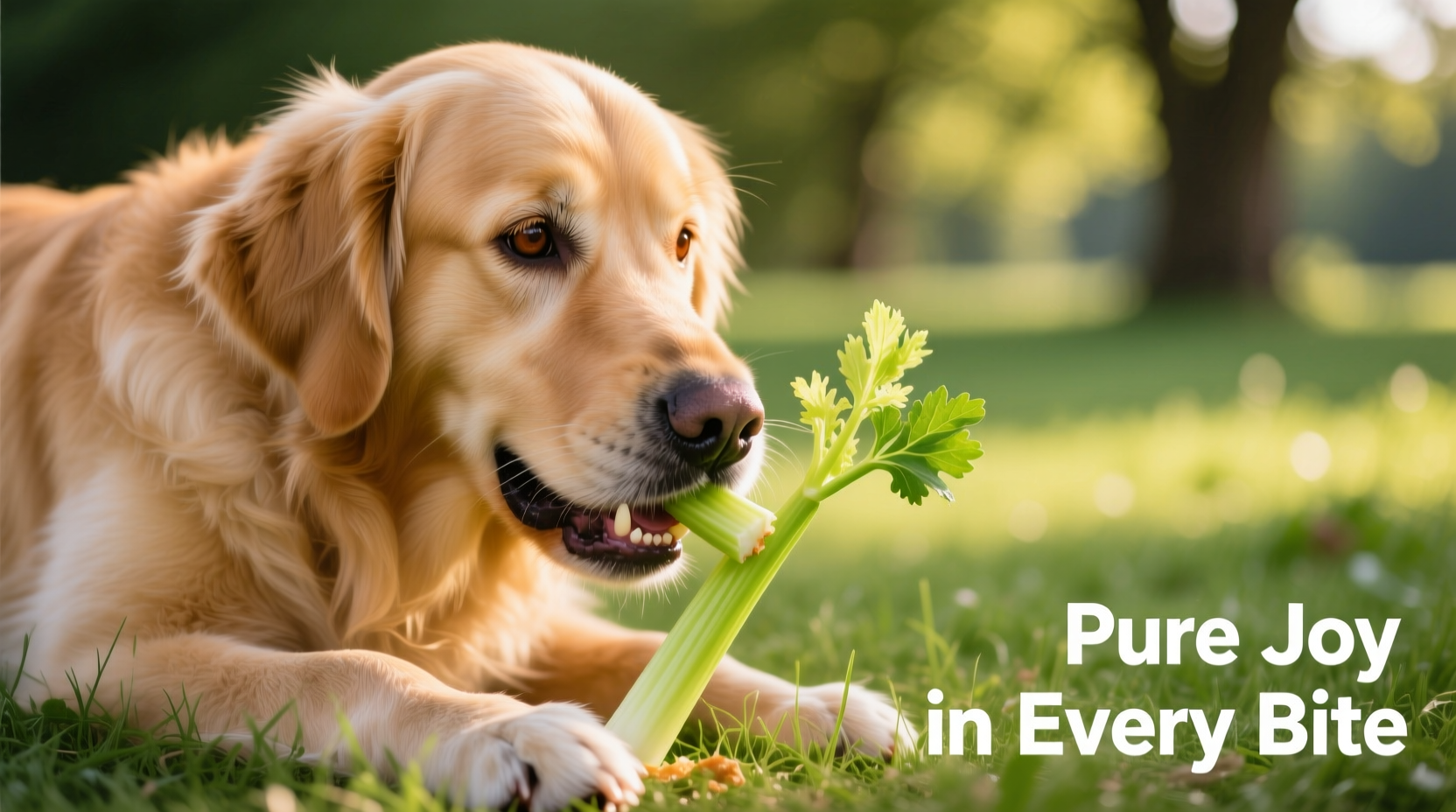 Golden Retriever eating small piece of celery