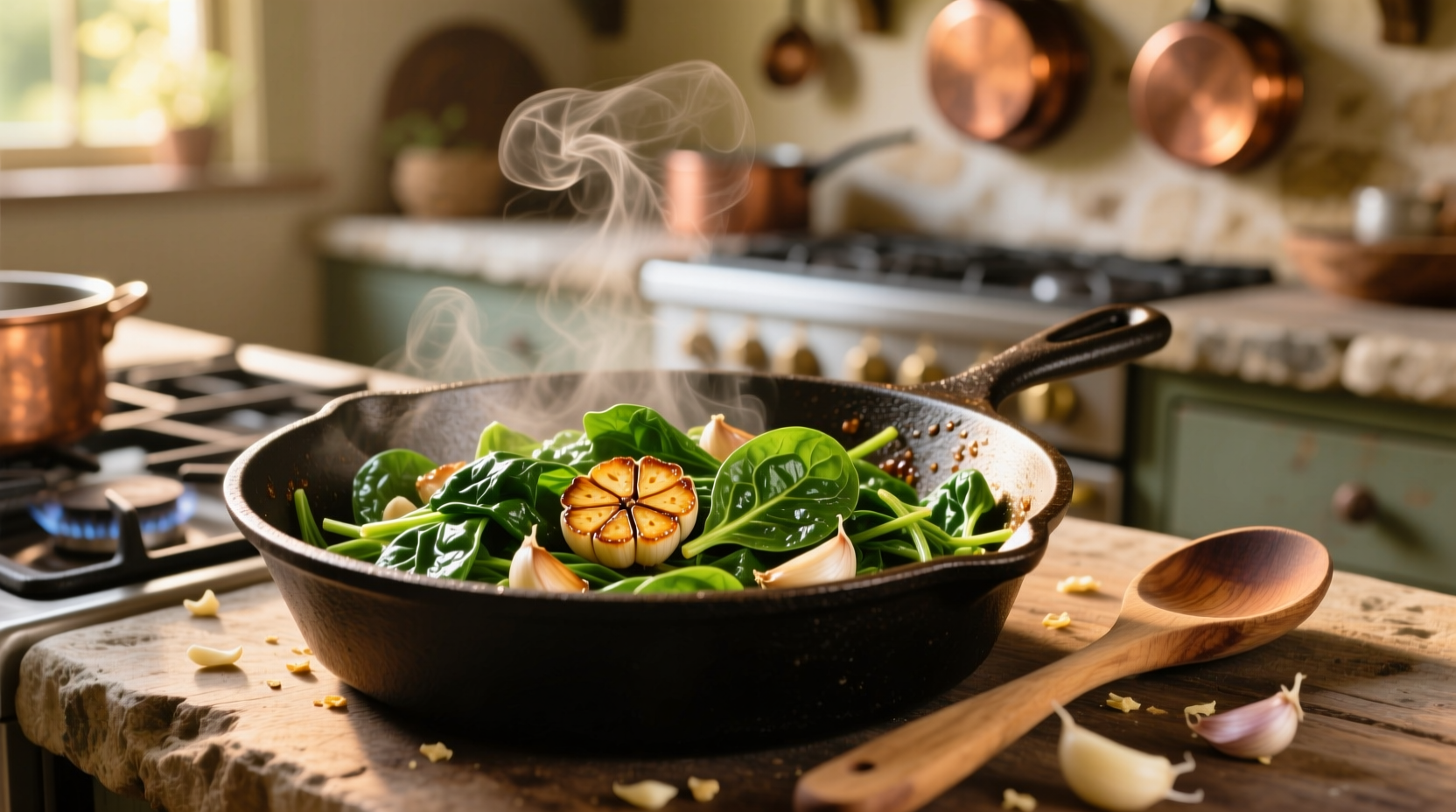 Fresh spinach sauteing in cast iron skillet with garlic