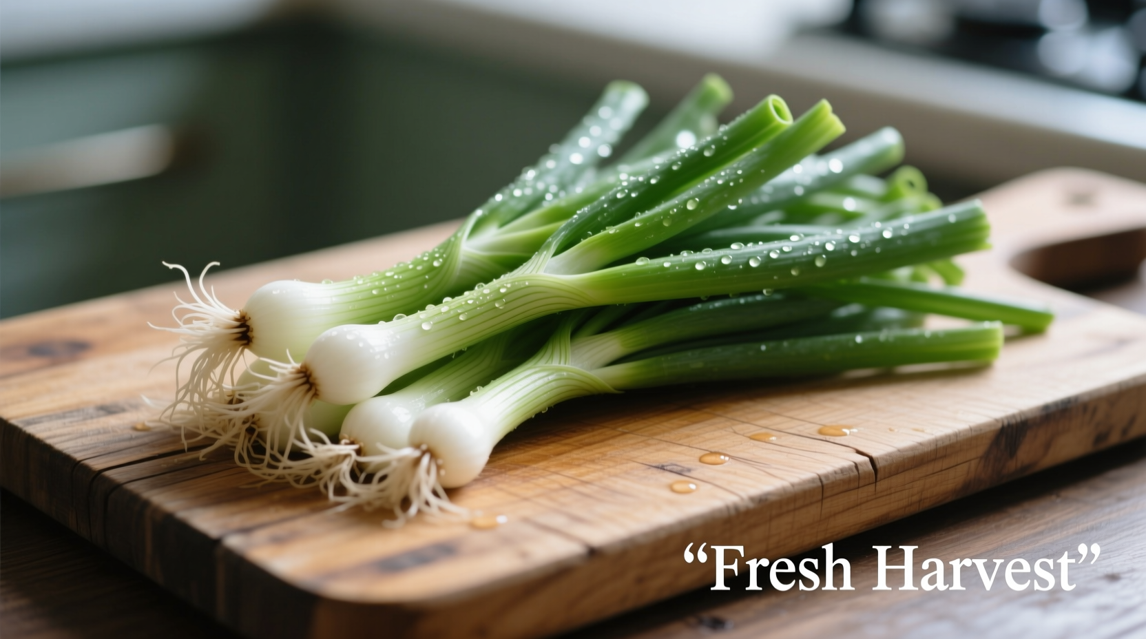 Fresh green onions on wooden cutting board