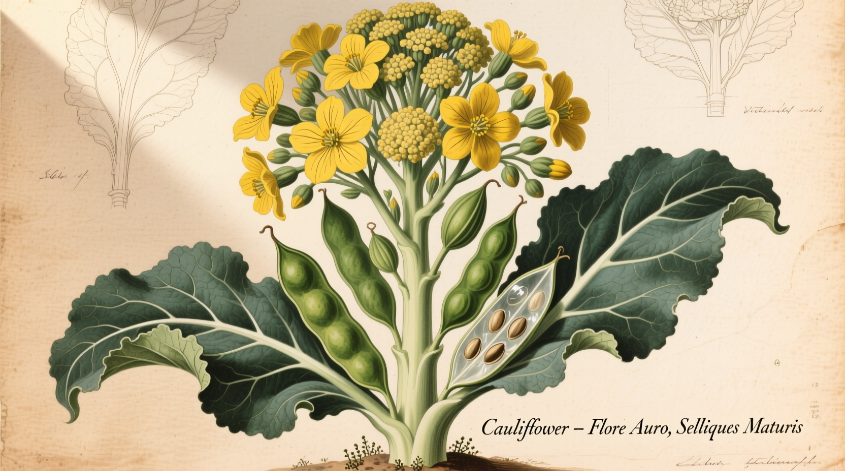 Cauliflower plant producing yellow flowers and seed pods
