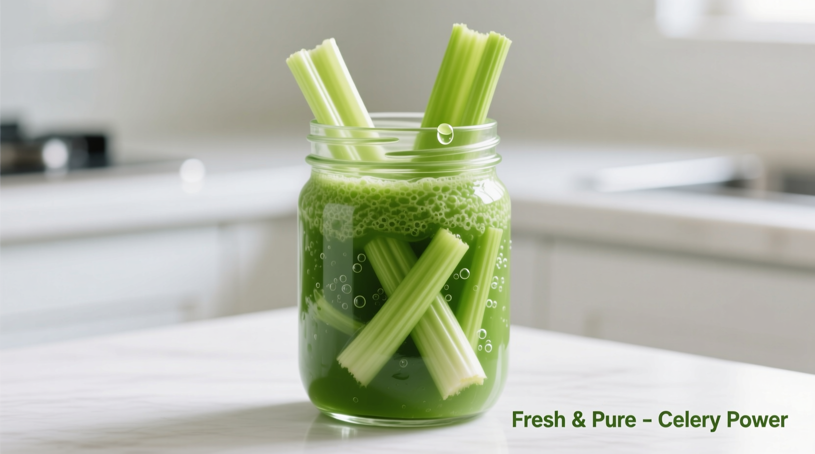 Fresh green celery smoothie in glass with celery stalk