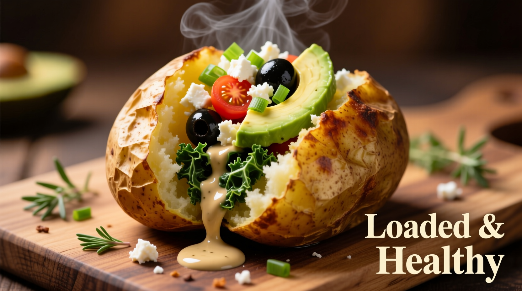 Loaded baked potato with various healthy topping options