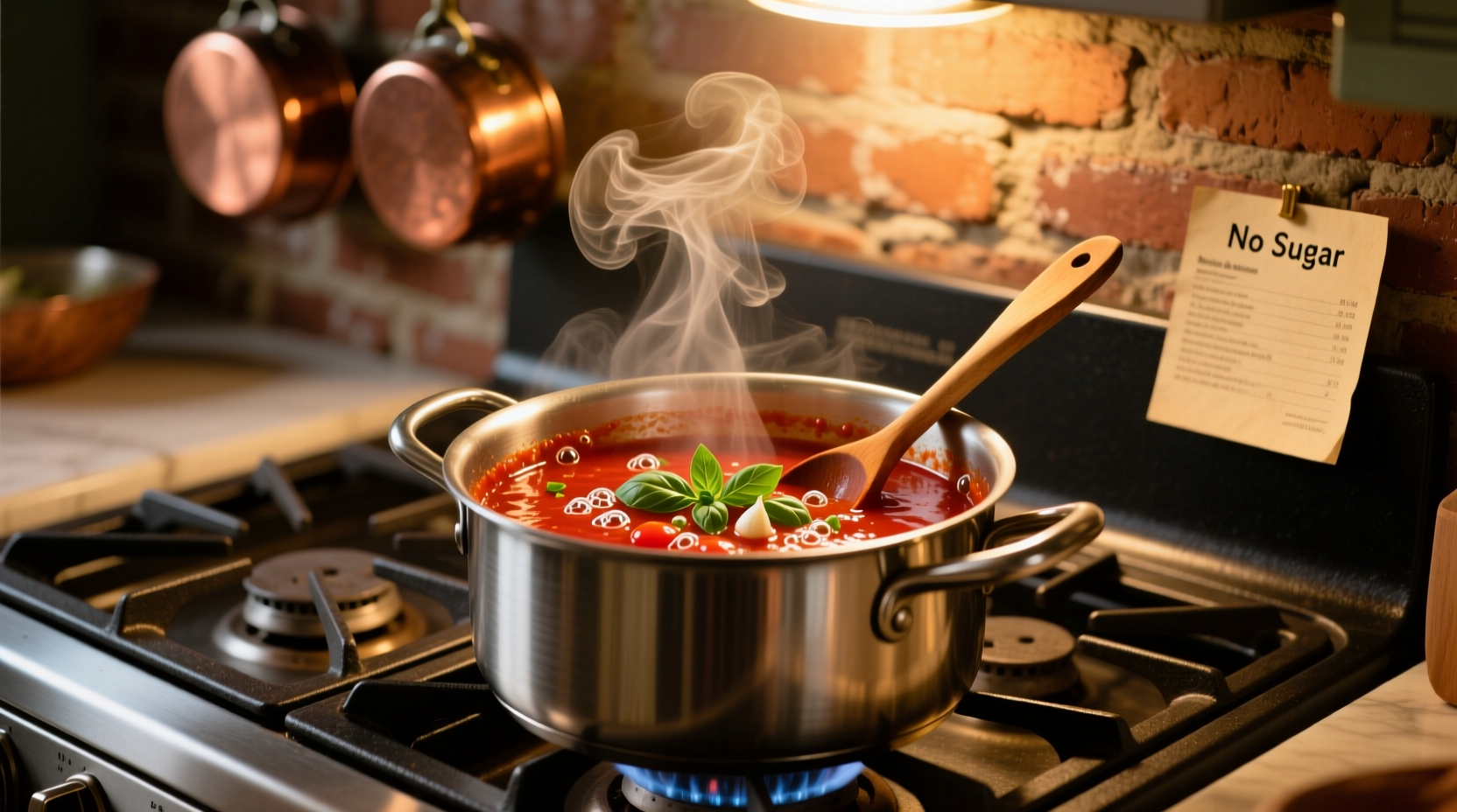 Homemade sugar free tomato sauce simmering in stainless steel pot