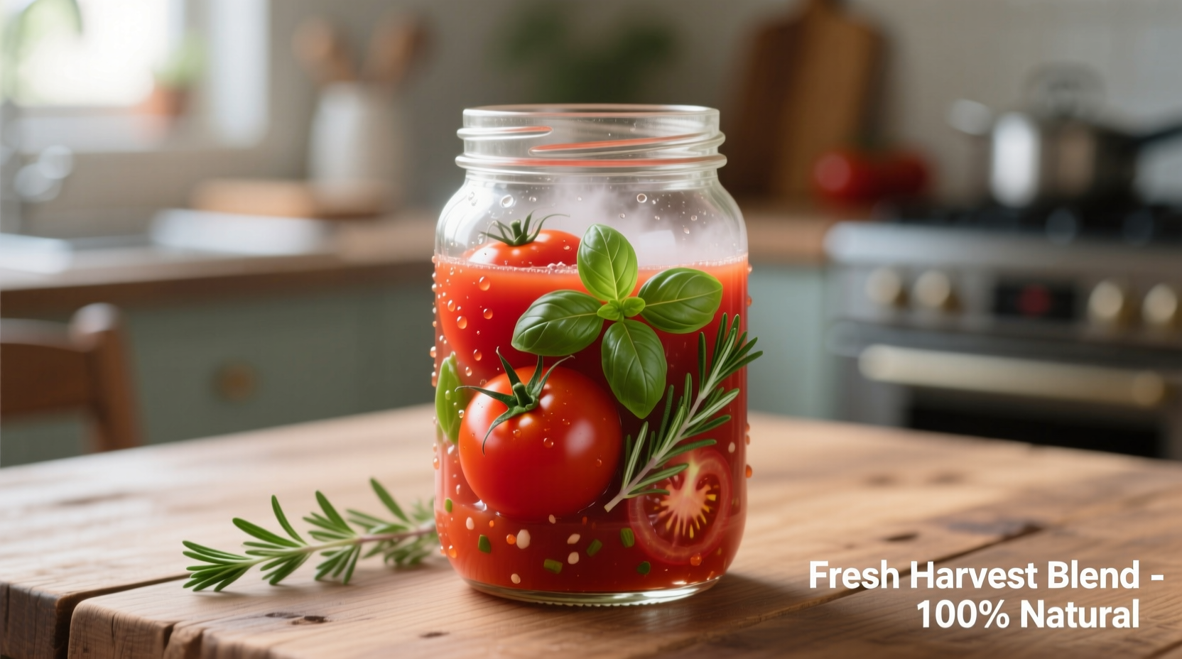Canned tomato juice with fresh tomatoes and herbs