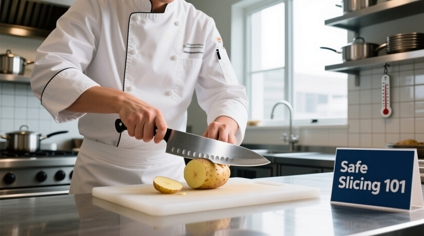Professional chef demonstrating safe potato slicing technique