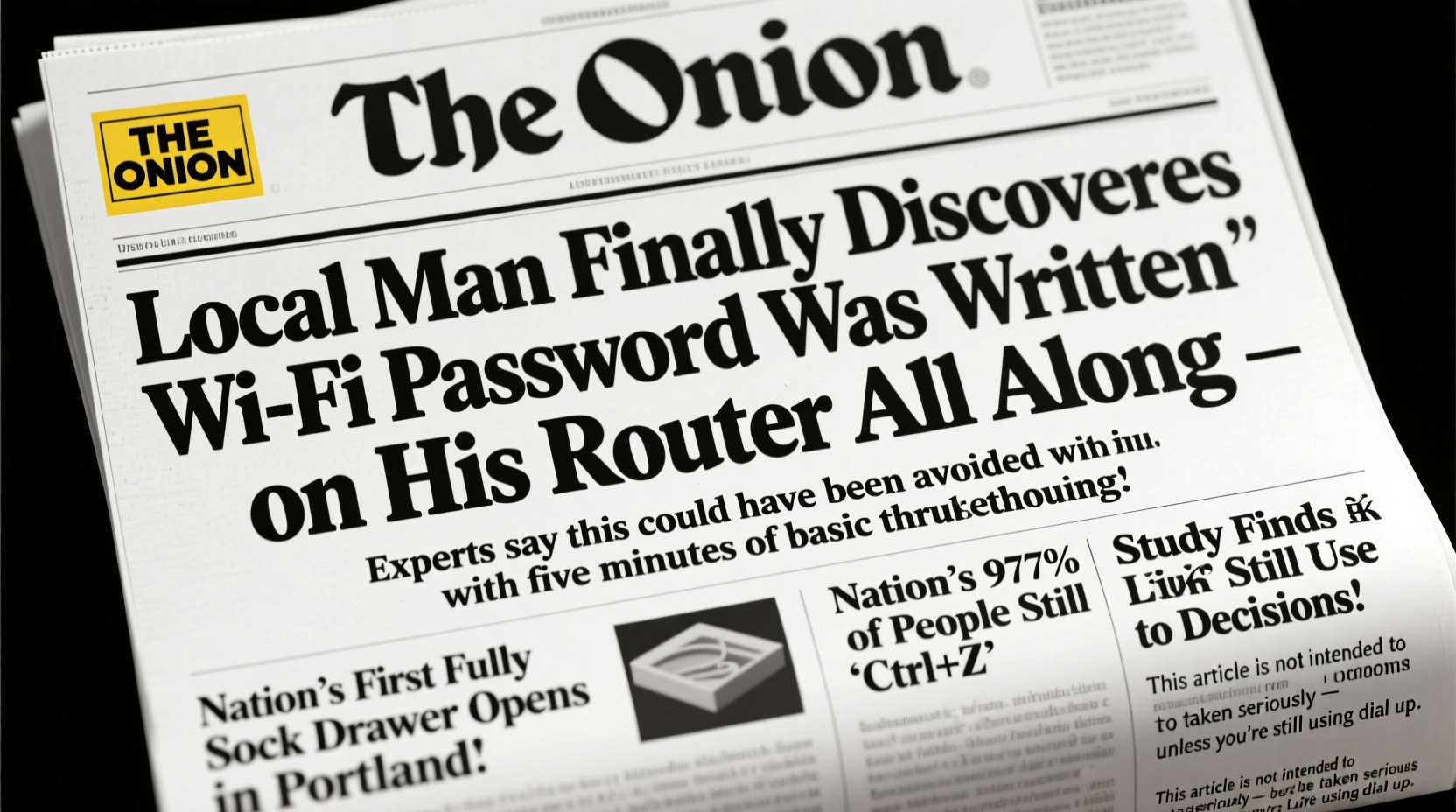 The Onion newspaper front page showing satirical headlines