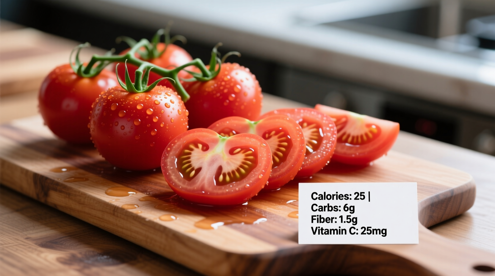 Fresh tomato slices on cutting board with nutritional facts