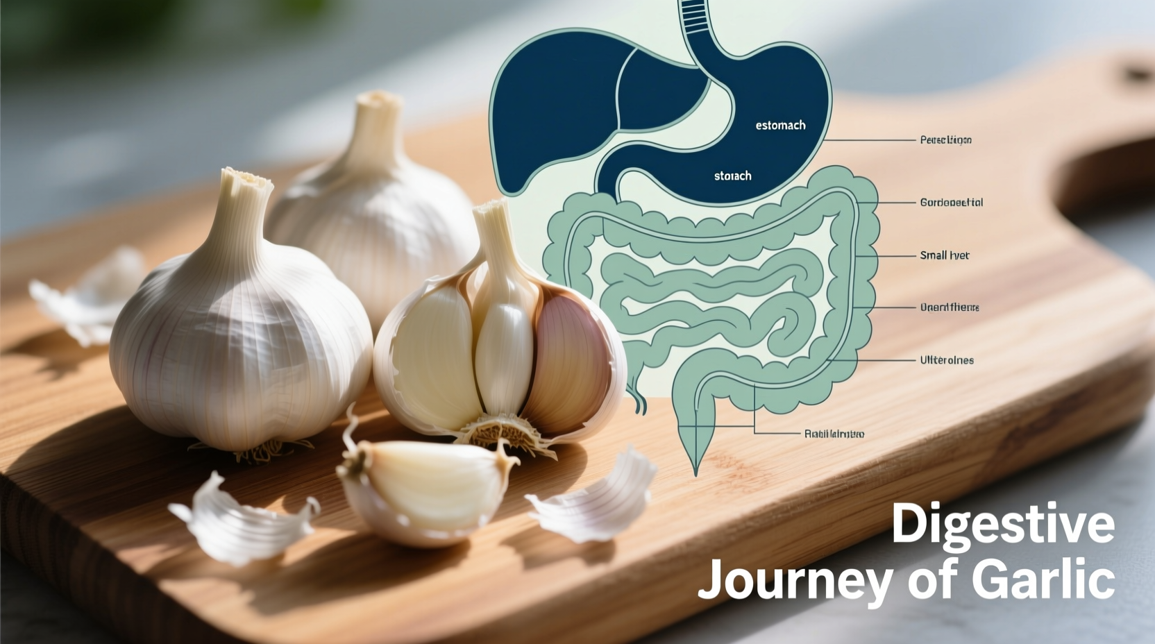 Garlic cloves on cutting board with digestive system diagram