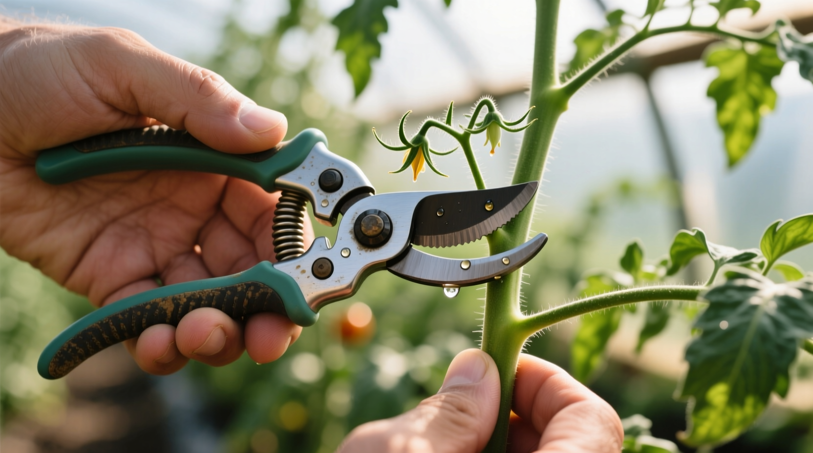 Close-up of hand pruning tomato suckers with bypass pruners