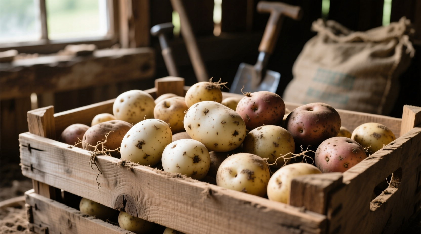 Properly stored potatoes in ventilated wooden crate