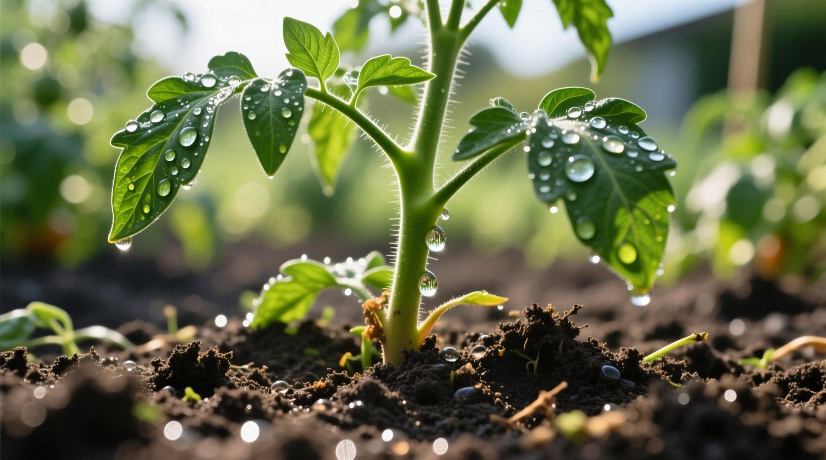 Wassertropfen auf Tomatenpflanzenerde