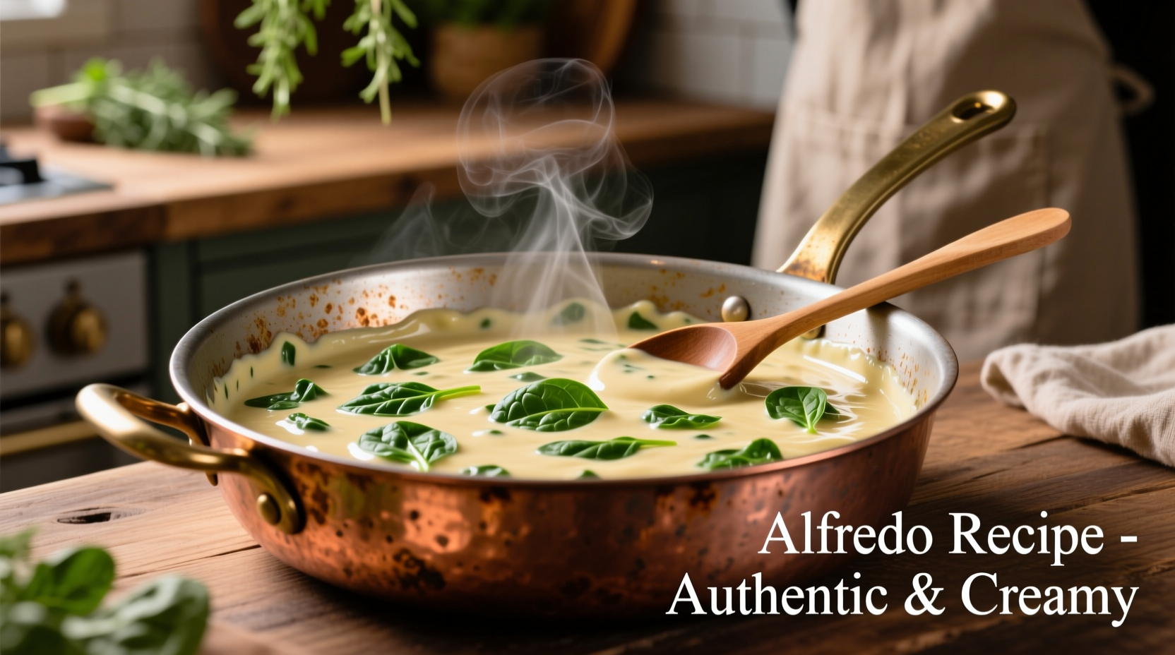 Creamy spinach alfredo sauce in copper pan