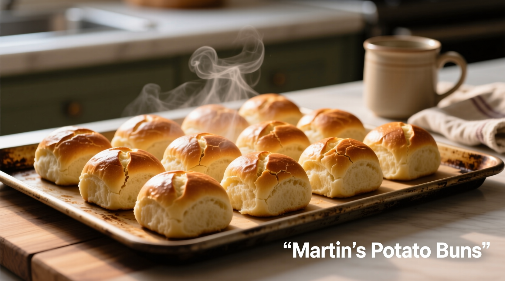 Fresh Martin's potato buns on baking sheet