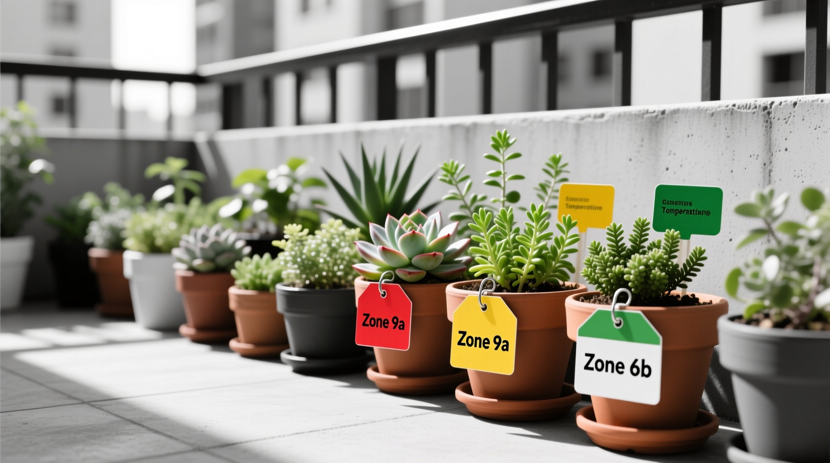 Urban balcony garden with potted plants showing temperature variation zones marked by colored tags