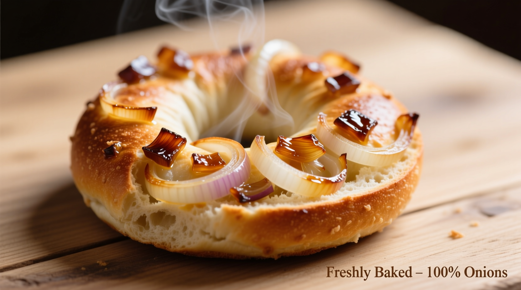 Freshly baked onion bagels with visible onion pieces