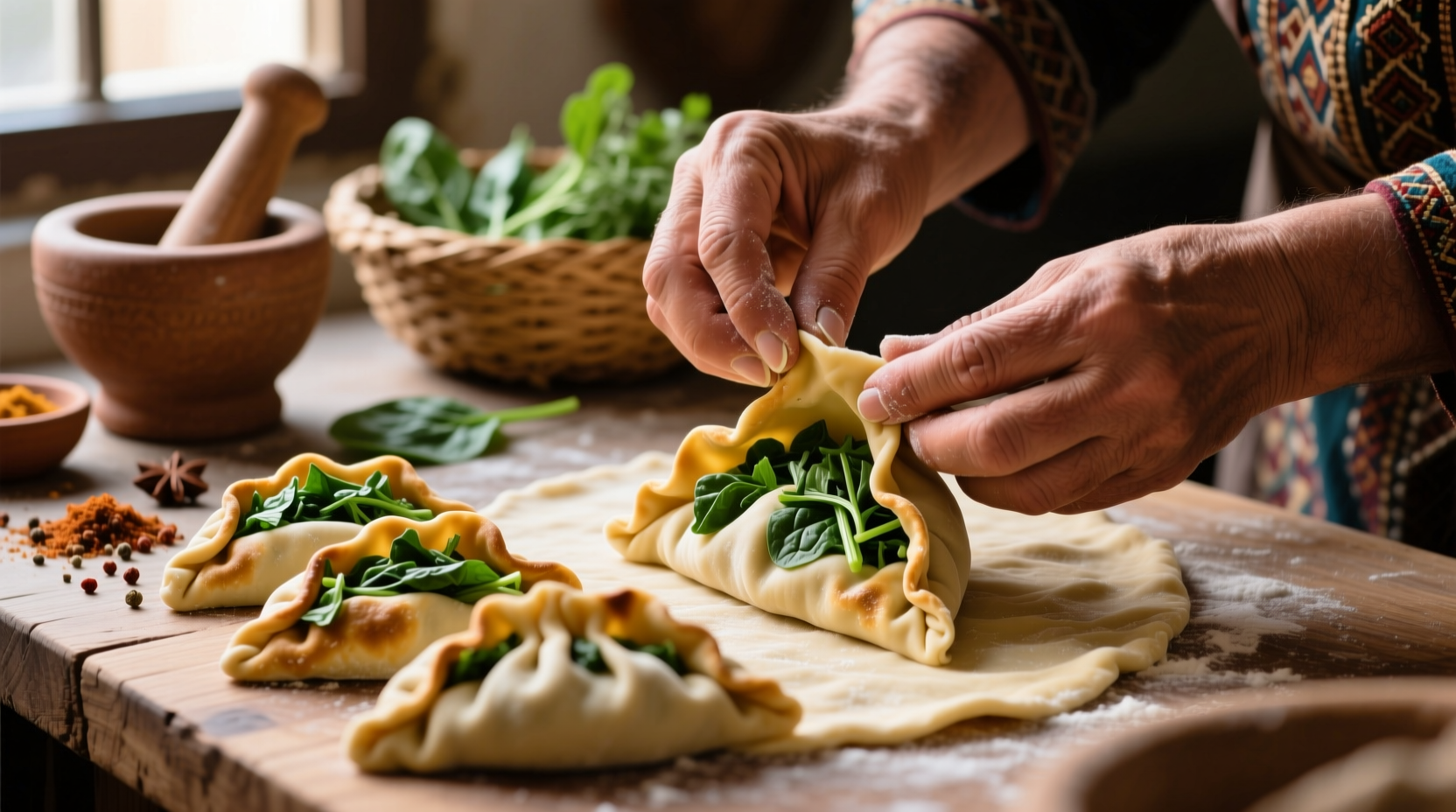 Hands shaping Lebanese spinach pie dough pockets