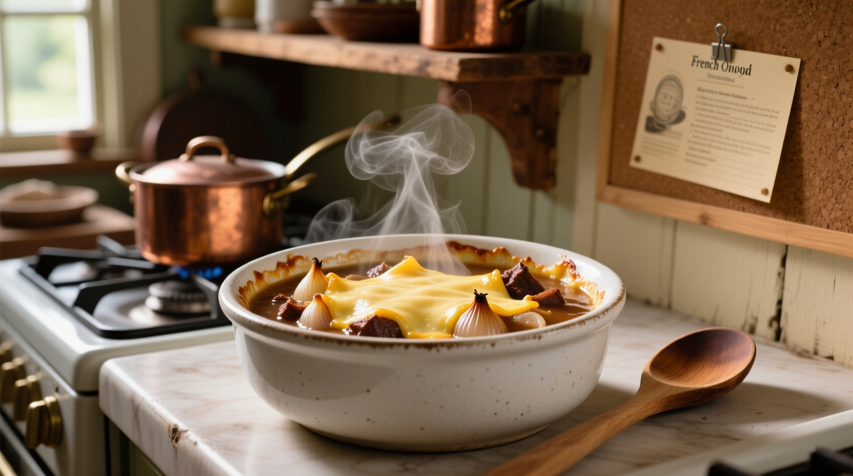 Homemade French onion soup in white bowl with melted cheese