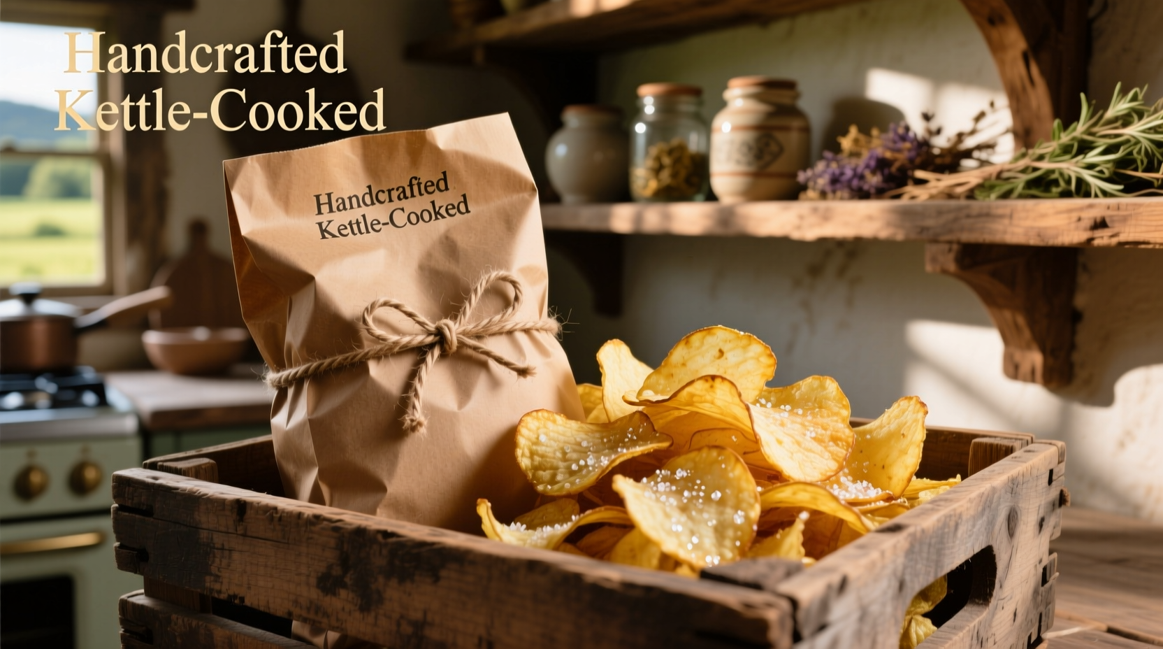 Handcrafted kettle-cooked potato chips in rustic packaging