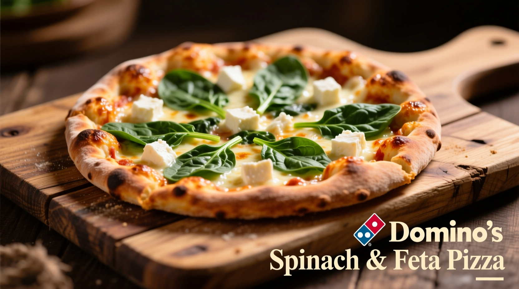 Domino's spinach and feta pizza on wooden board