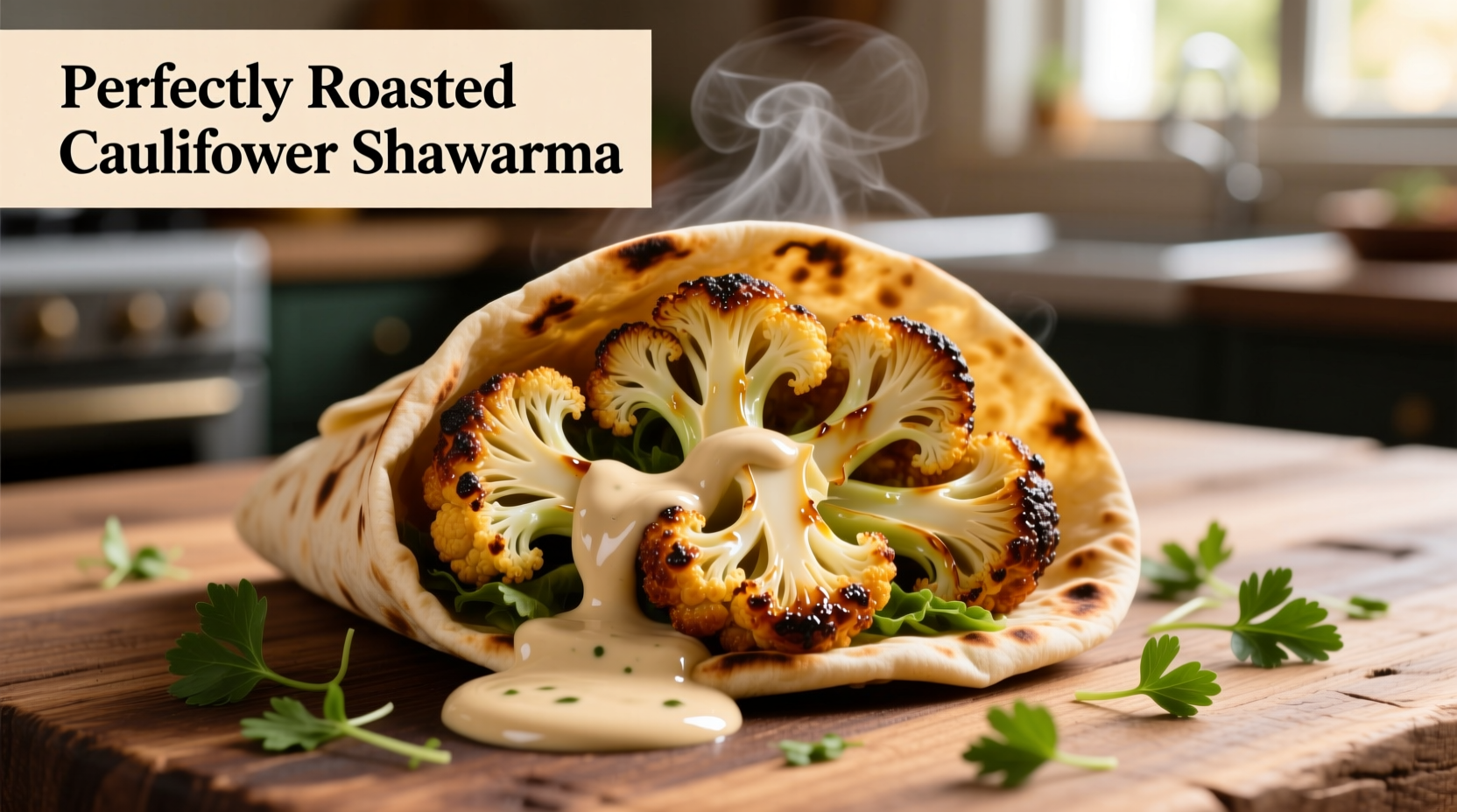 Perfectly roasted cauliflower shawarma with tahini sauce