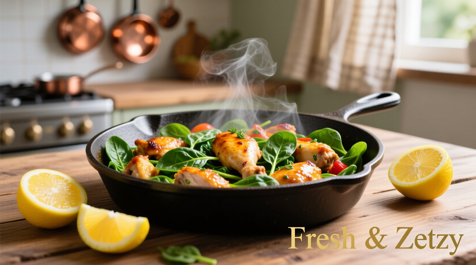 Colorful chicken spinach skillet with lemon wedges