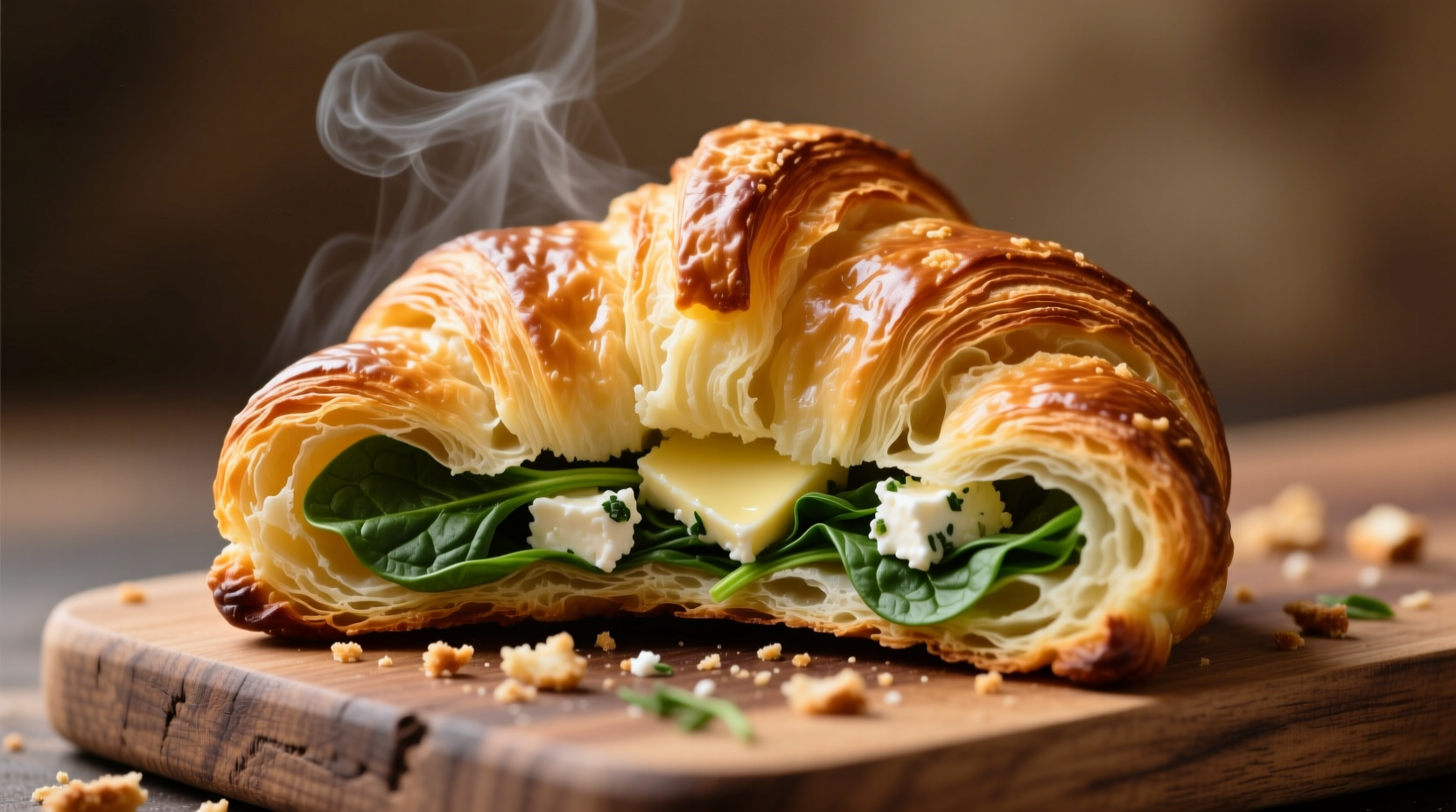Flaky spinach feta croissant with visible layers