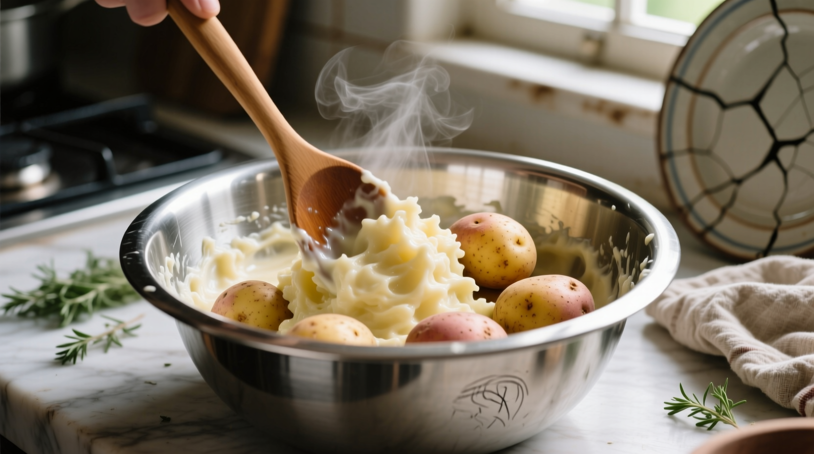 Russet potatoes being mashed in a stainless steel bowl