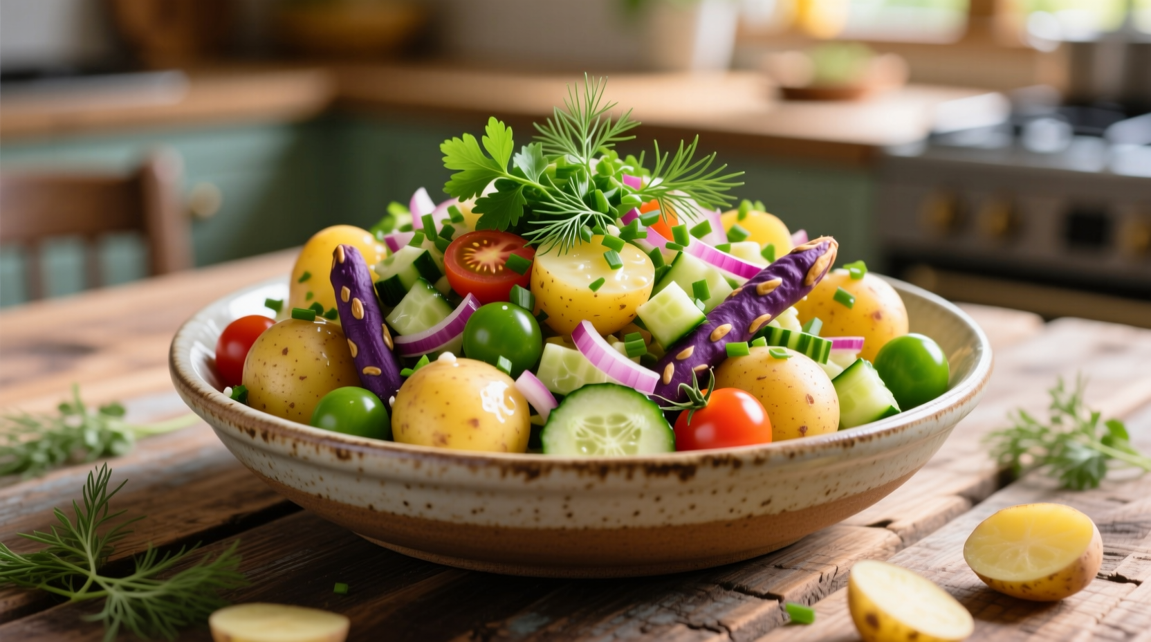 Colorful potato salad in serving bowl with fresh herbs