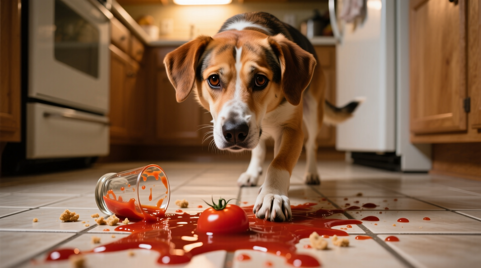 Dog looking concerned at spilled tomato sauce
