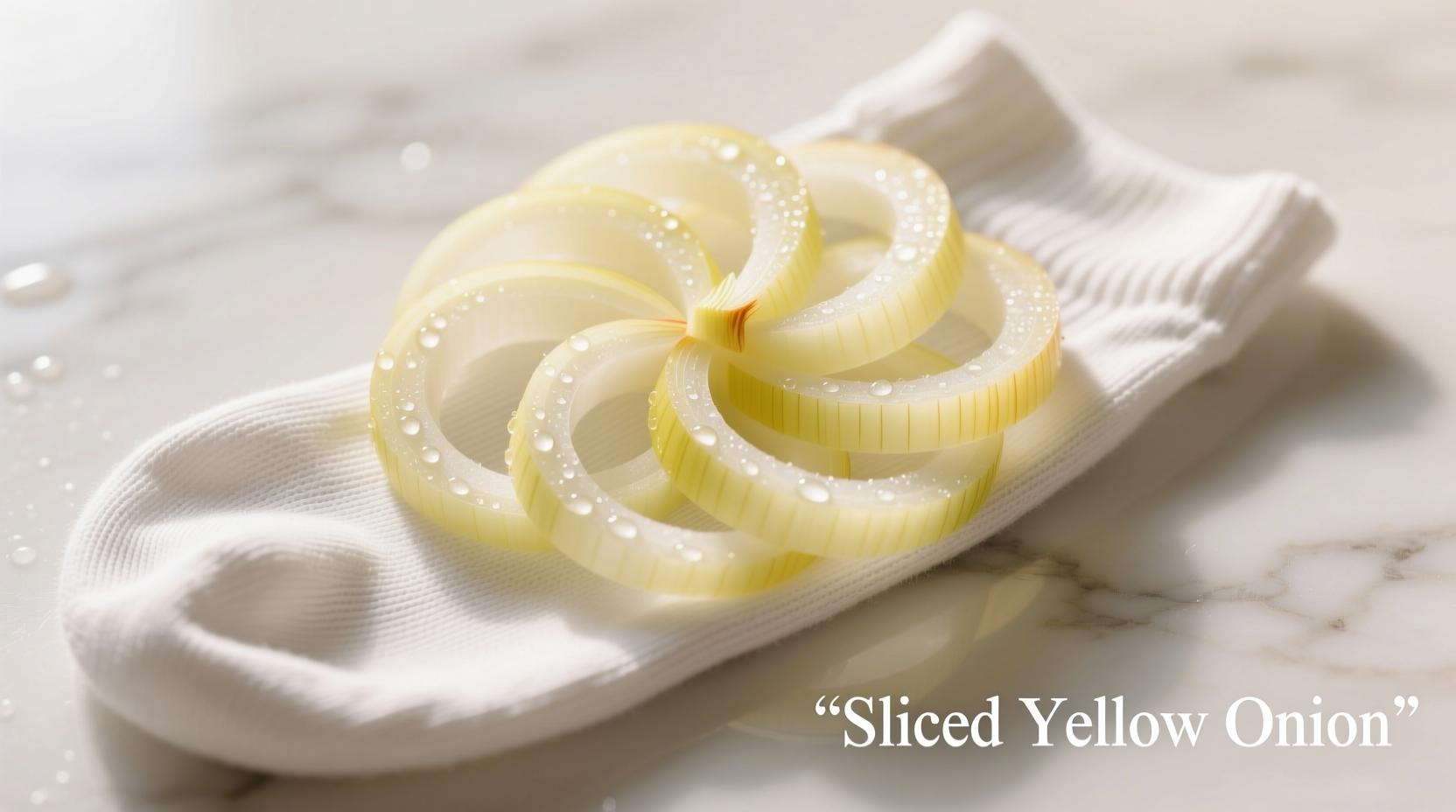 Sliced yellow onion on white cotton sock