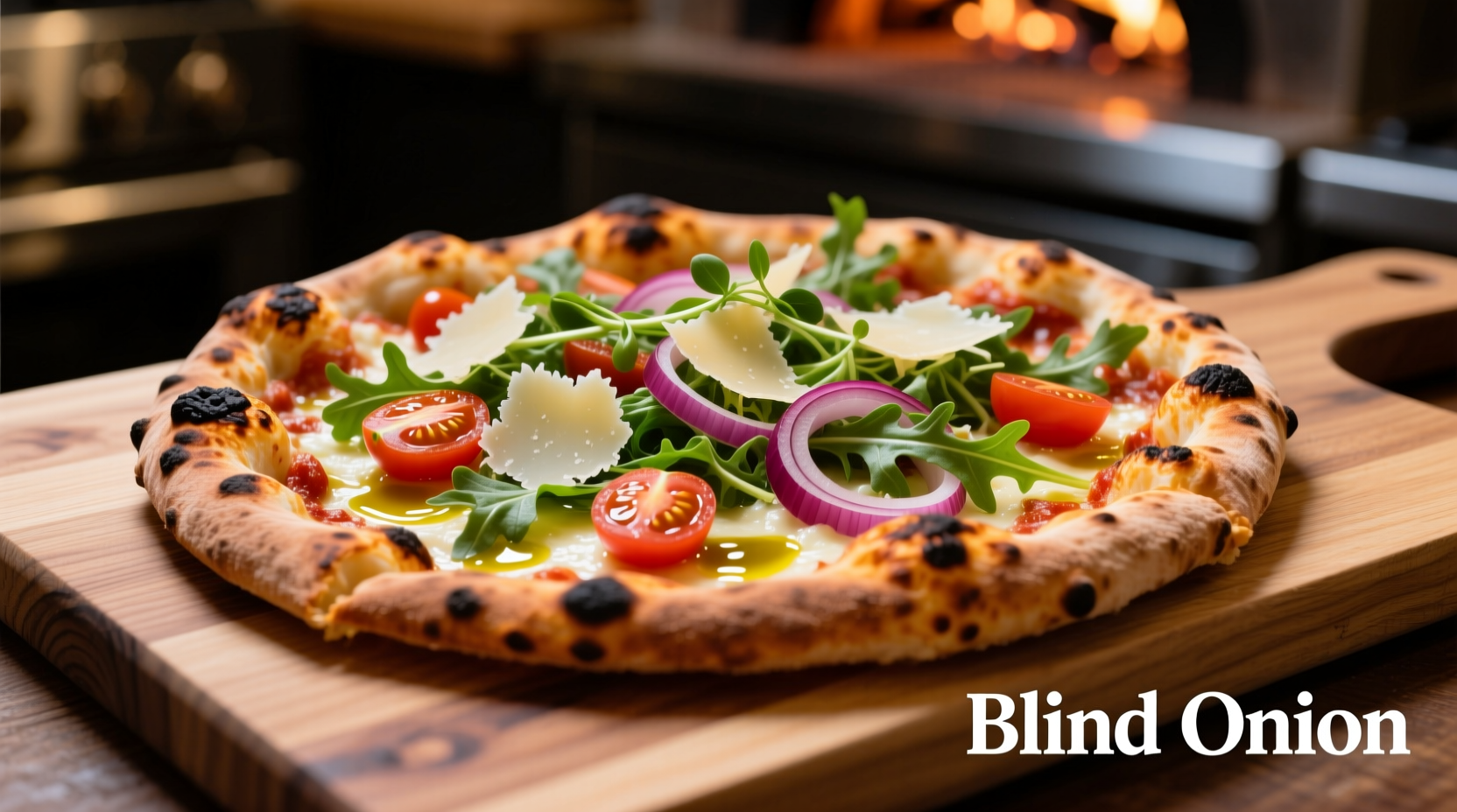 Wood-fired pizza with colorful toppings at Blind Onion
