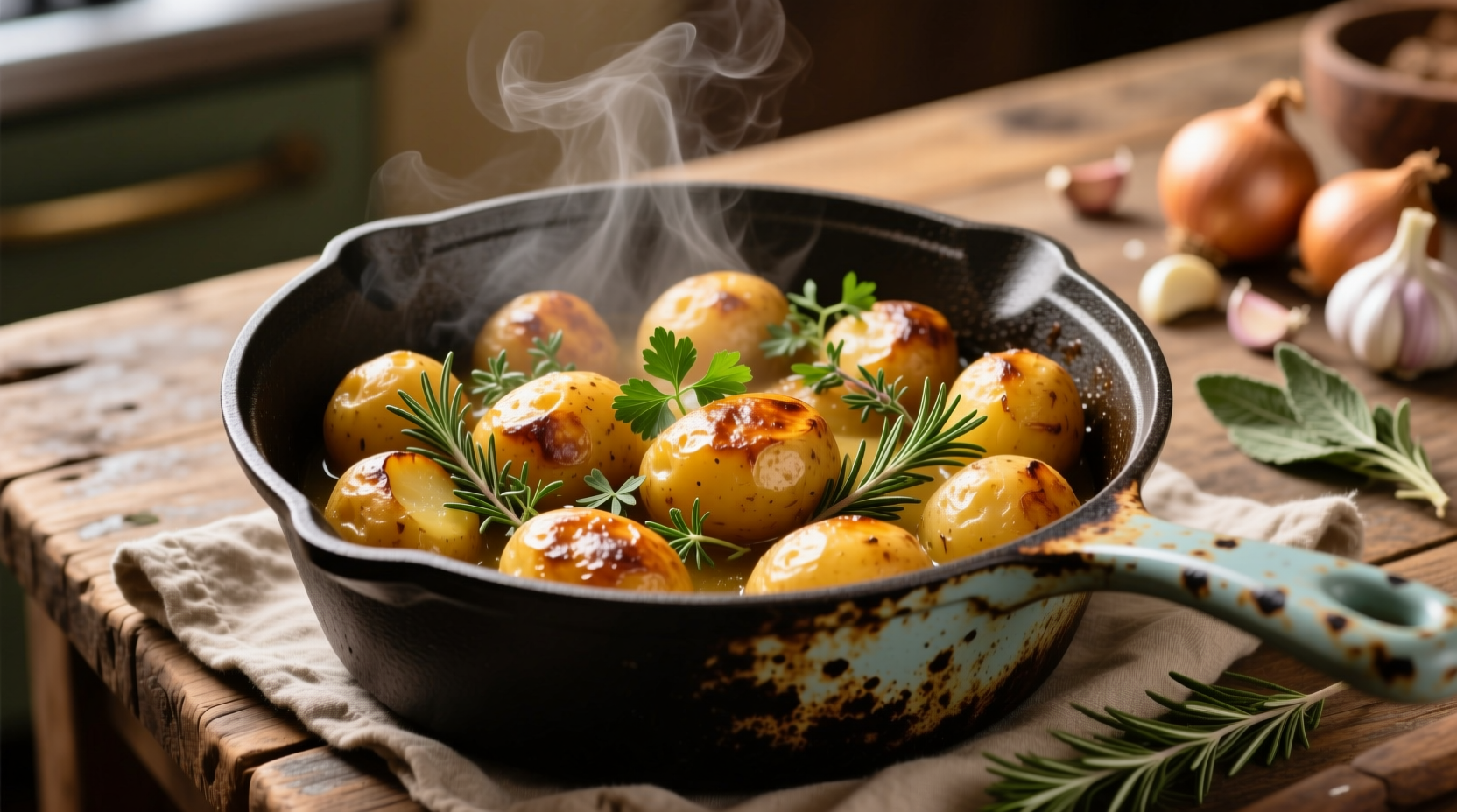 Golden stewed potatoes in cast iron pot with herbs