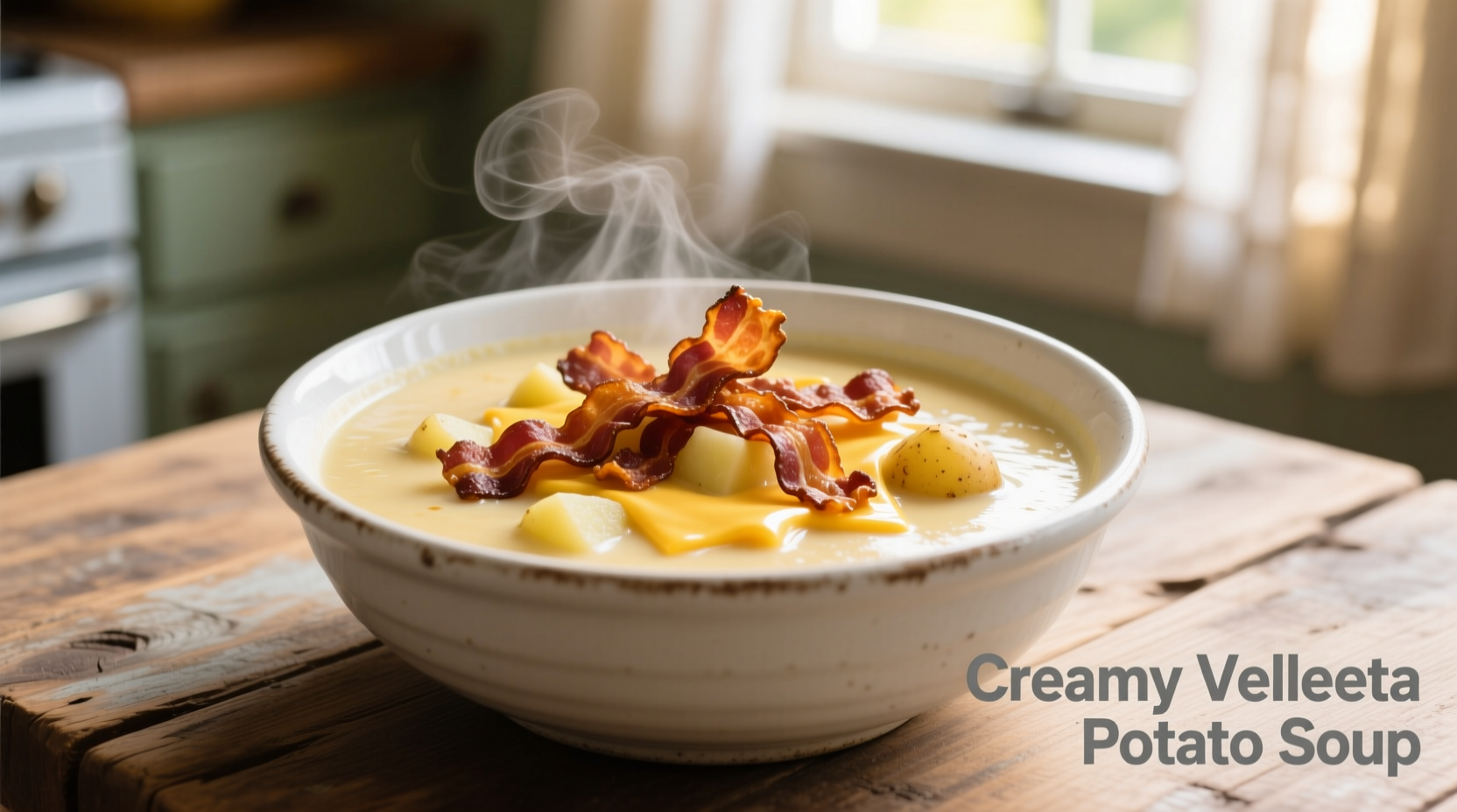 Creamy velveeta potato soup in white bowl with bacon topping