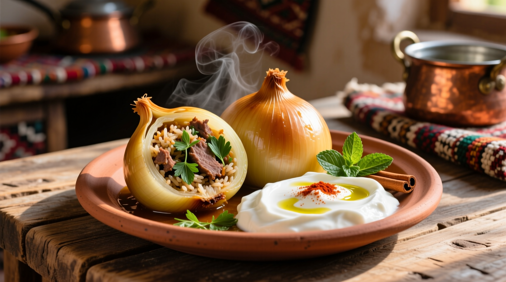 Traditional Turkish onion dolma served with yogurt
