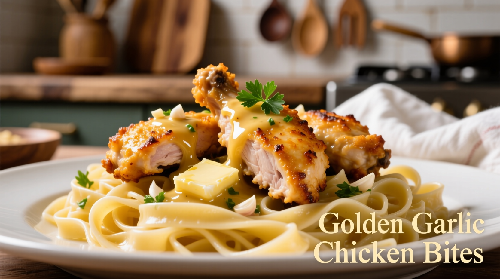 Golden chicken bites in garlic butter sauce with creamy pasta