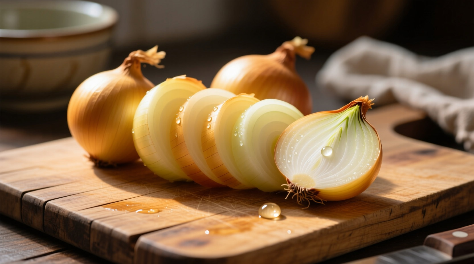 Yellow onions on wooden cutting board
