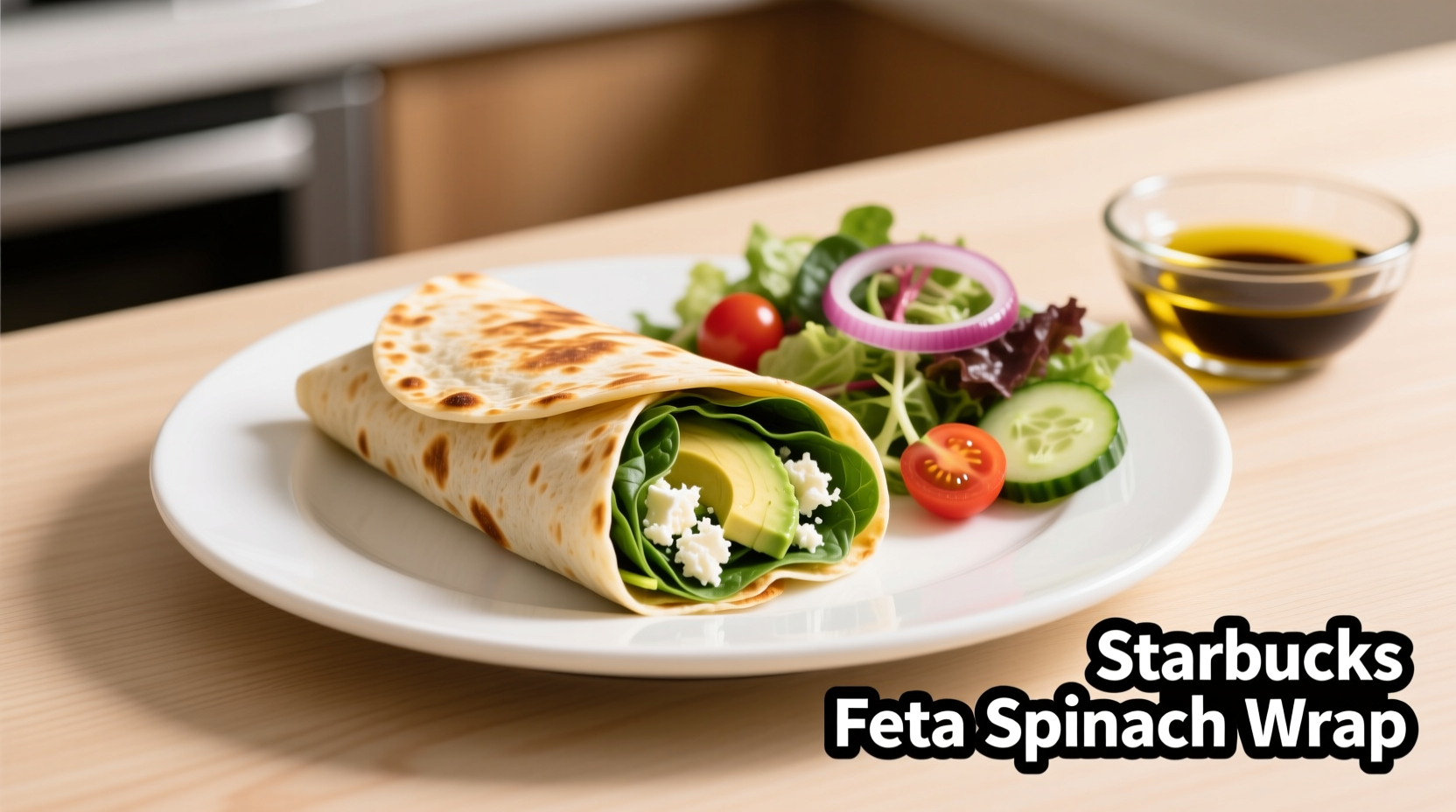 Starbucks Feta Spinach Wrap on white plate with side salad